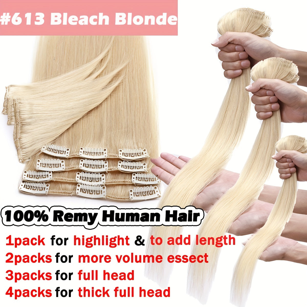 16-24Inch Clip Hair 100% Remy Human Hair Extensions 8 Pieces Full Head Long Short Standard Wefts Soft & Natural Hair Extensions