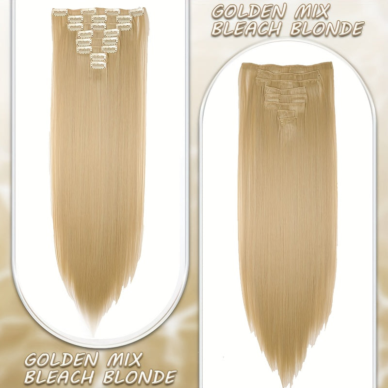 8pcs Clip In Hair Extensions Long Straight Thick Synthetic Hairpieces 22inch/55cm Silk Fiber Double Weft Natural Curly 8pieces/Set Hair Piece Highlight Mix Pure Colors For Women Daily Party Halloween Xmas