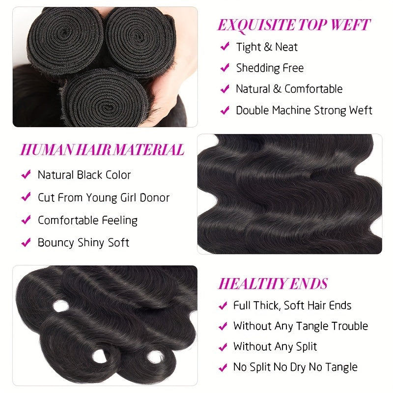 3+1 Bonus Body Wave Human Hair Bundles with HD Lace Closure - Brazilian Virgin Hair, 4x4 Free Part, Natural Black, Voluminous Body Wave Curl, for African American Women - Everyday & Special Events, Styling Versatility, Elegant Hairdo