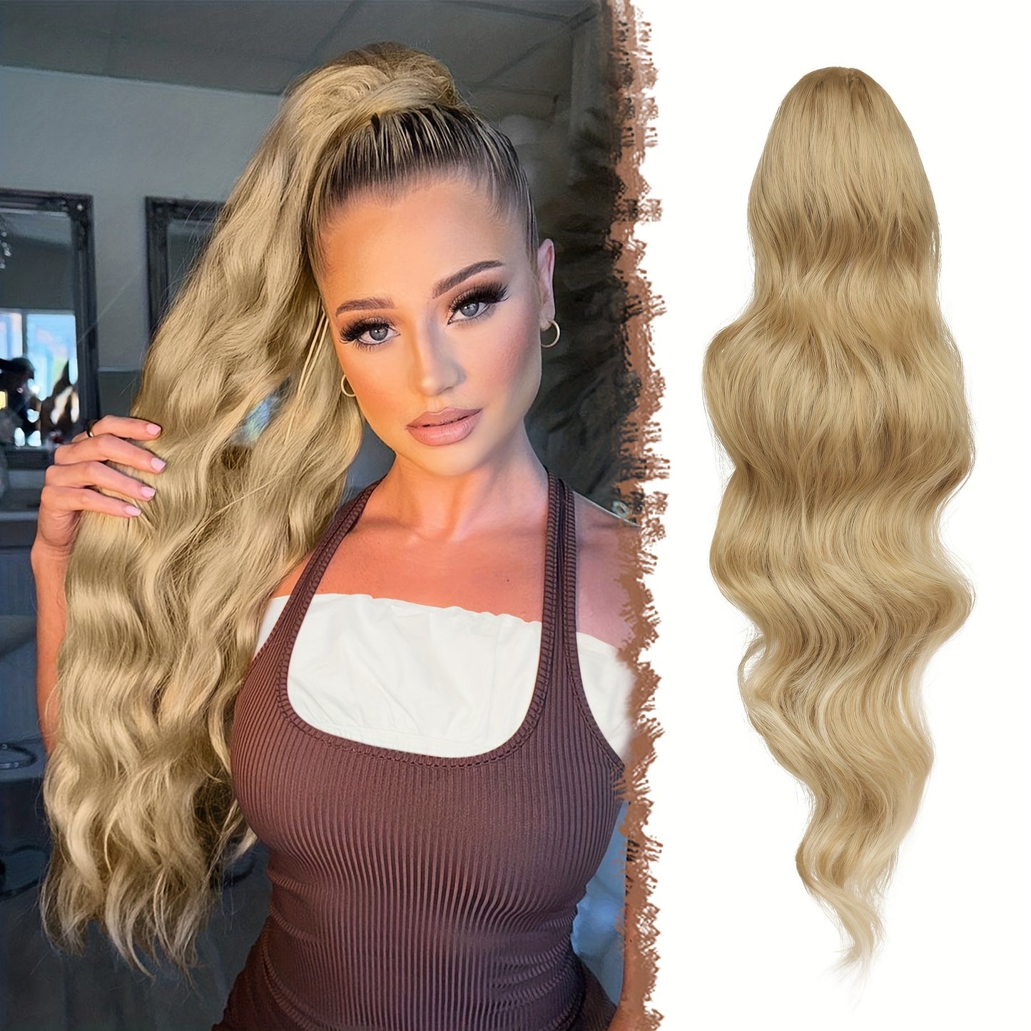 FESHFEN Long Ponytail Extension Curly Wavy Clip In Synthetic Hairpieces Drawstring Ponytail Pony Tail Hairpiece Hair Pony Extension For Women Girls