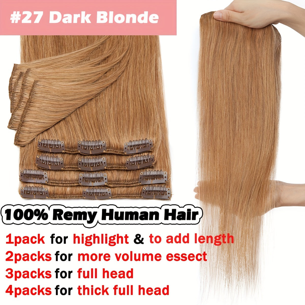 16-24Inch Clip Hair 100% Remy Human Hair Extensions 8 Pieces Full Head Long Short Standard Wefts Soft & Natural Hair Extensions