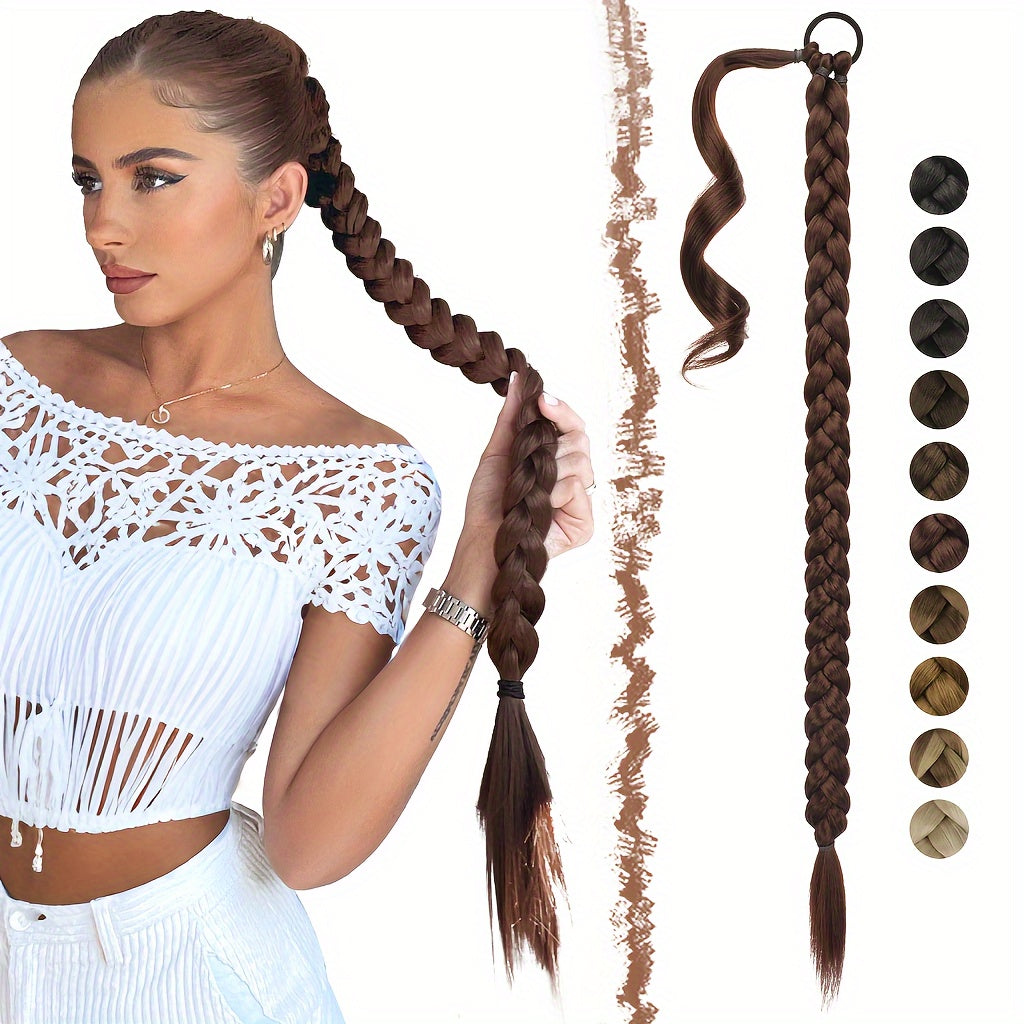 FESHFEN Long Braided Ponytail Extension with Hair Tie, Straight Wrap Around Hair Piece Ponytails for Women Syntheti Pony Hairpieces for Daily Wear