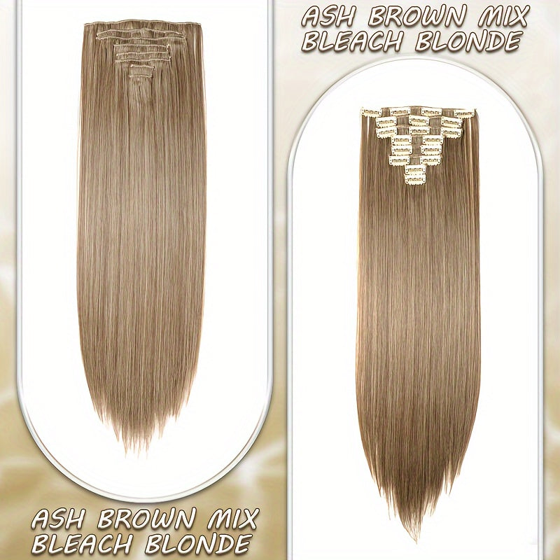 8pcs Clip In Hair Extensions Long Straight Thick Synthetic Hairpieces 22inch/55cm Silk Fiber Double Weft Natural Curly 8pieces/Set Hair Piece Highlight Mix Pure Colors For Women Daily Party Halloween Xmas