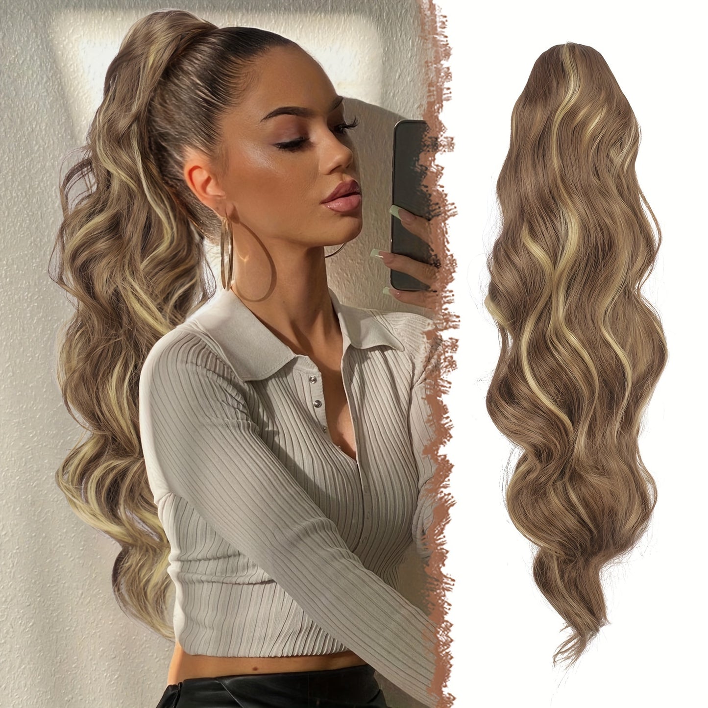 FESHFEN Long Ponytail Extension Curly Wavy Clip In Synthetic Hairpieces Drawstring Ponytail Pony Tail Hairpiece Hair Pony Extension For Women Girls