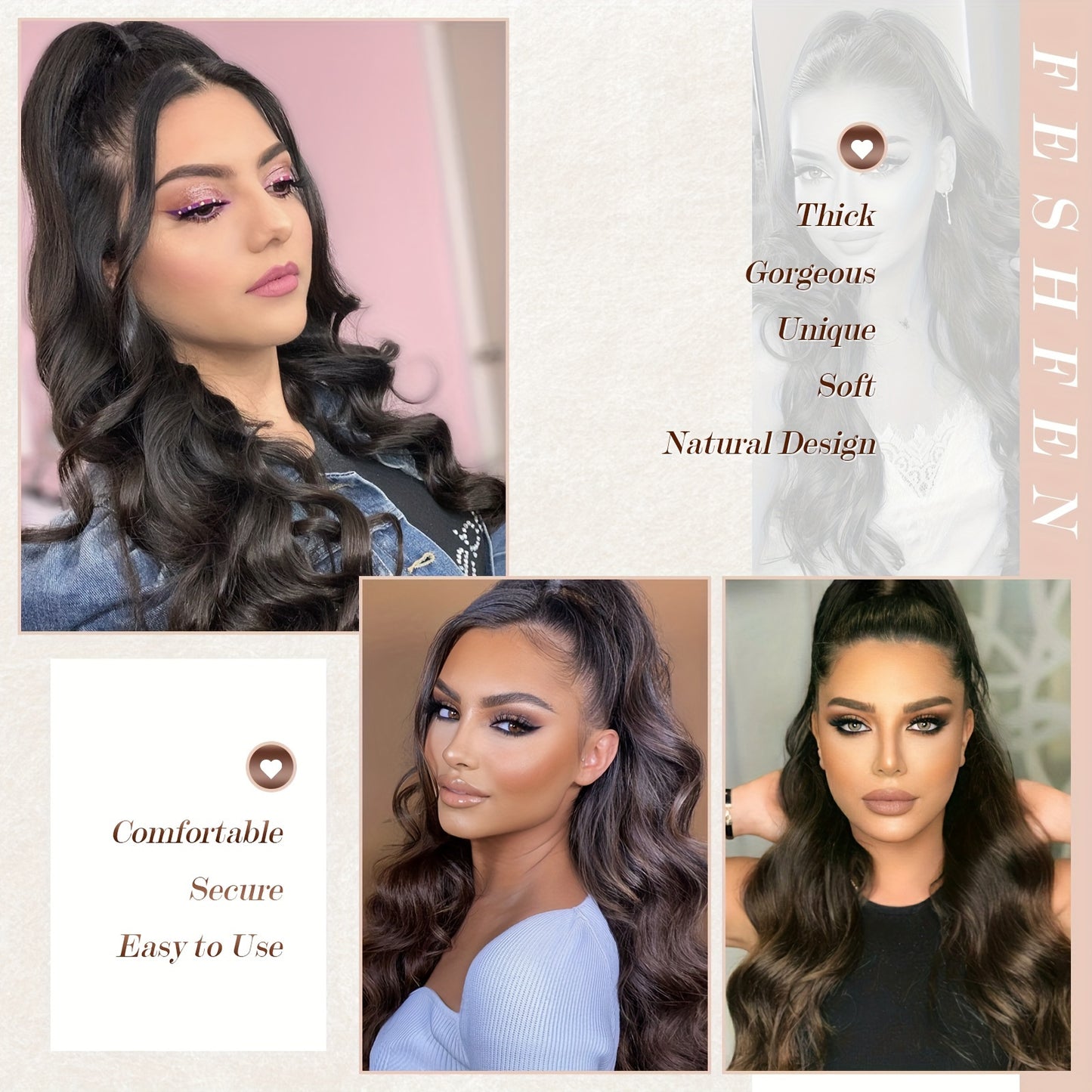 FESHFEN Long Ponytail Extension Curly Wavy Clip In Synthetic Hairpieces Drawstring Ponytail Pony Tail Hairpiece Hair Pony Extension For Women Girls