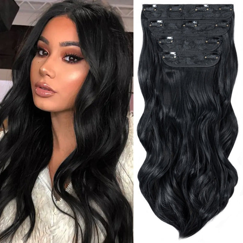 [Wavy Hair Extensions] Set of 4 Wavy And Curly Clip-In Hair Extensions with Highlights, 22 Inches Long, 180G Synthetic Hairpieces for Women, Perfect for Halloween And Christmas Hair Accessories