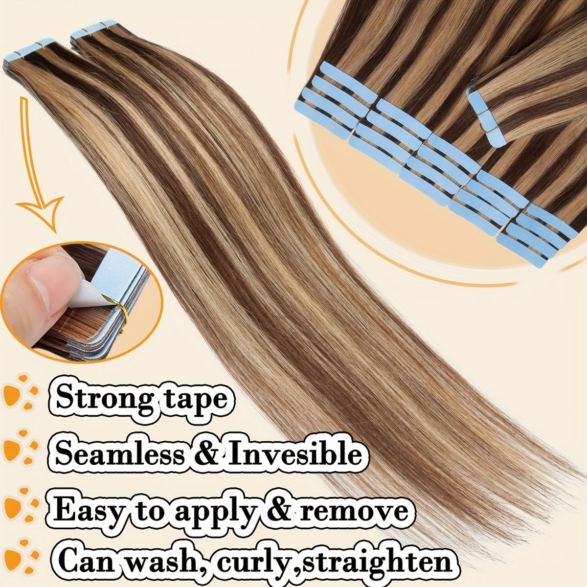20PCS/50G Tape In 100% Human Hair Extensions Seamless Skin Weft Smooth Remy Hair Full Head 16/18/20Inch Long Straight Feel Soft & Natural Looking Mix Color
