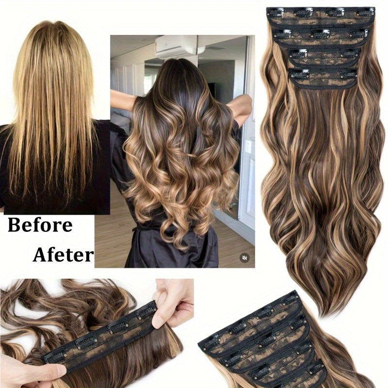 [Wavy Hair Extensions] Set of 4 Wavy And Curly Clip-In Hair Extensions with Highlights, 22 Inches Long, 180G Synthetic Hairpieces for Women, Perfect for Halloween And Christmas Hair Accessories