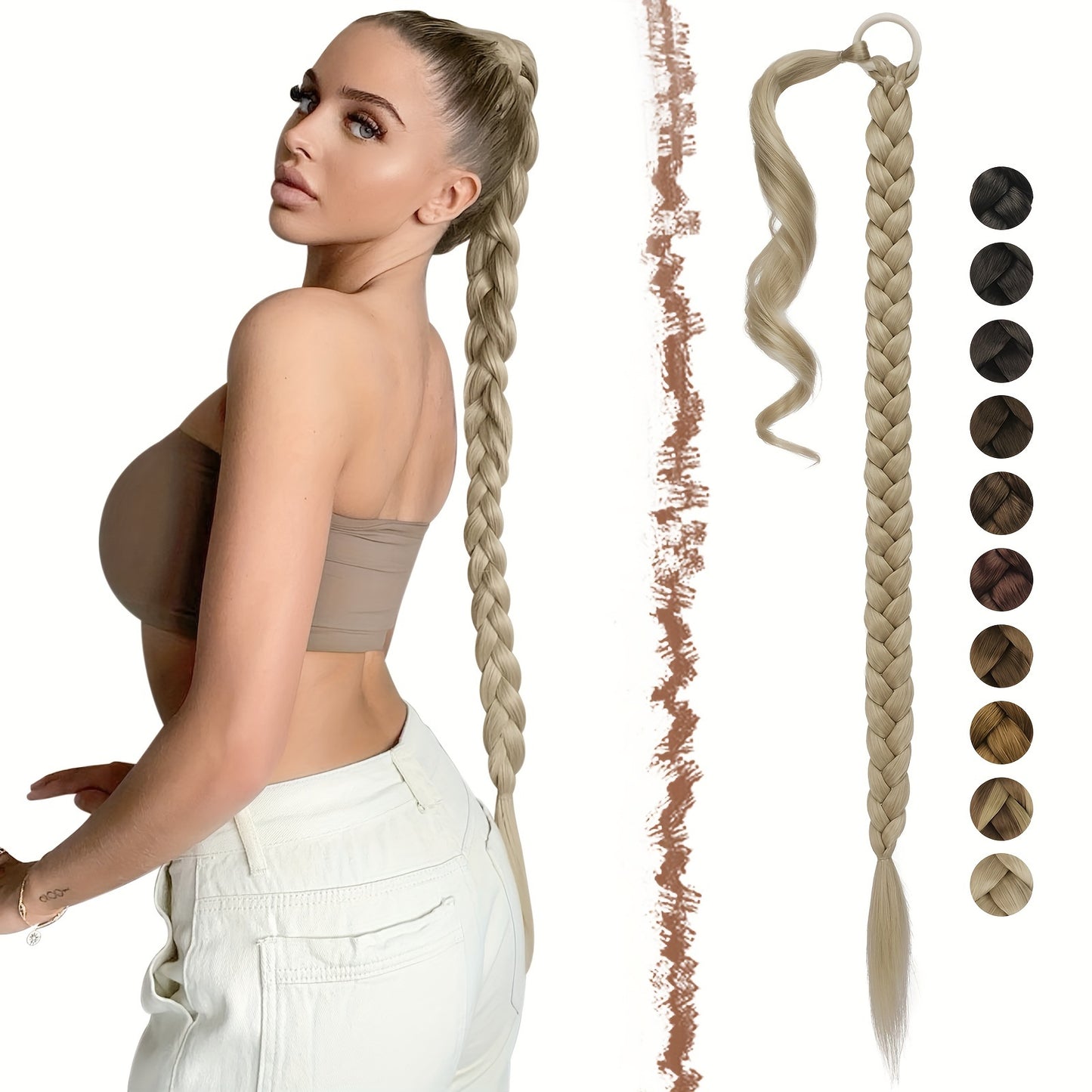 FESHFEN Long Braided Ponytail Extension with Hair Tie, Straight Wrap Around Hair Piece Ponytails for Women Syntheti Pony Hairpieces for Daily Wear